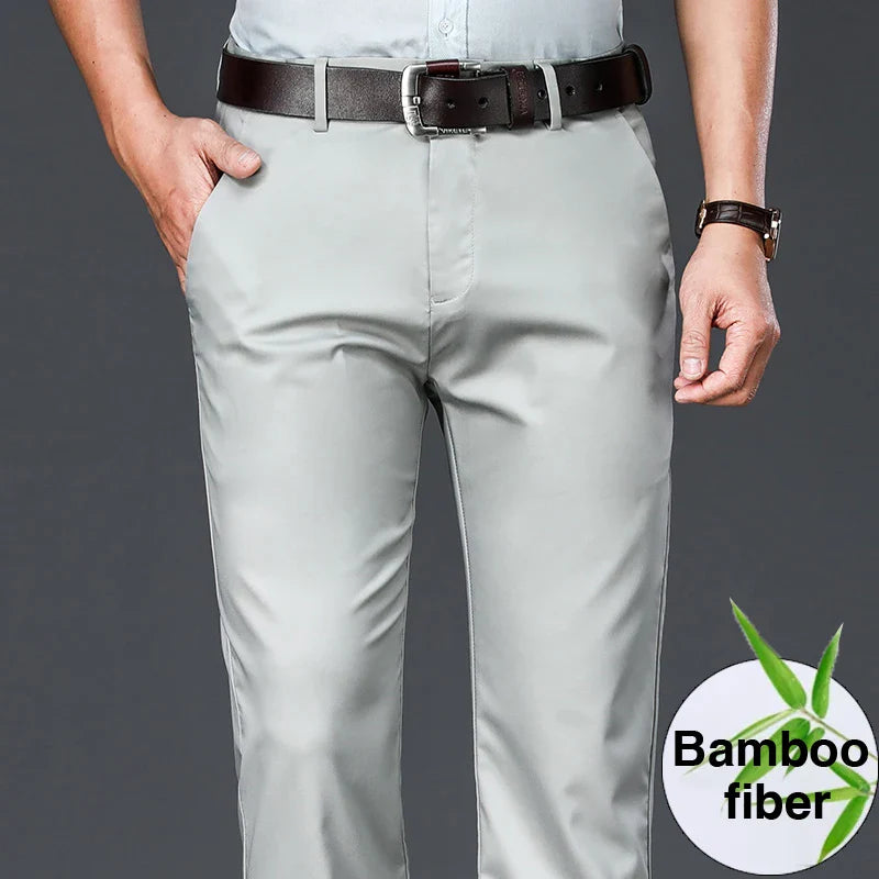 Men's Bamboo Fiber Thin Casual Pants Spring Summer New Straight Stretch Business Classic Trousers Male Brand Clothing