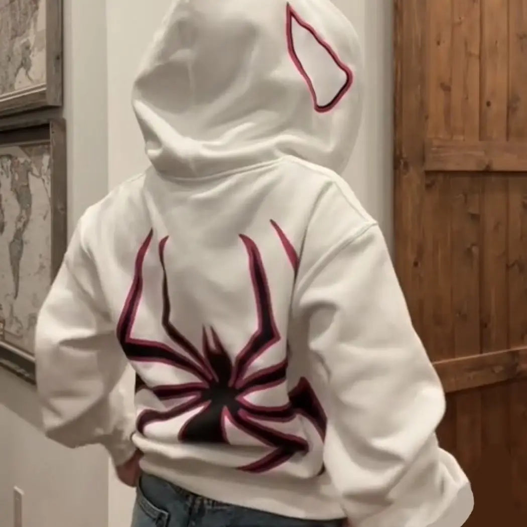 سويت شيرت بقبعة بسحاب كامل على شكل عنكبوت للنساء والرجال ملابس شارع هاراجوكو بقلنسوة رسومية كبيرة الحجم على الطراز القوطي Y2K