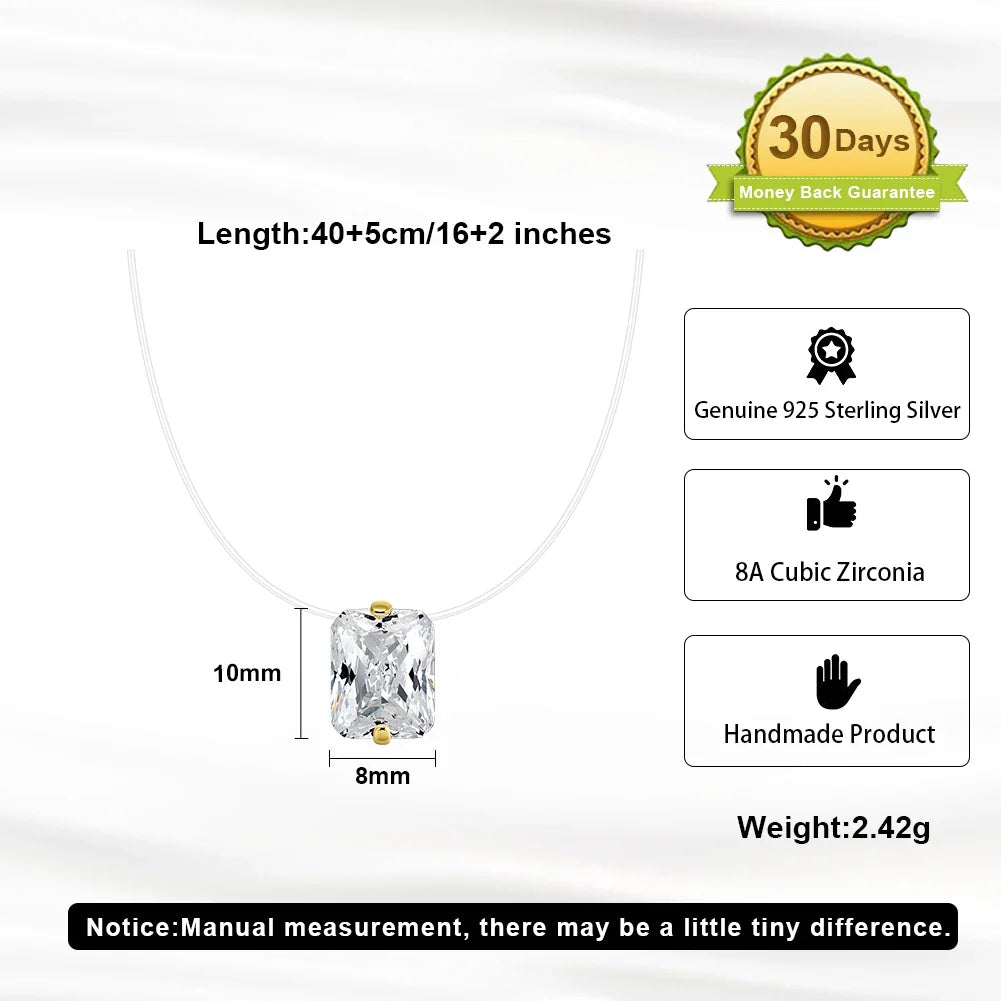 Top Quality 925 Silver Transparent Invisible Fishing Line Chain Shiny 8A Zircon Rectangle Pendant Necklace LZN34