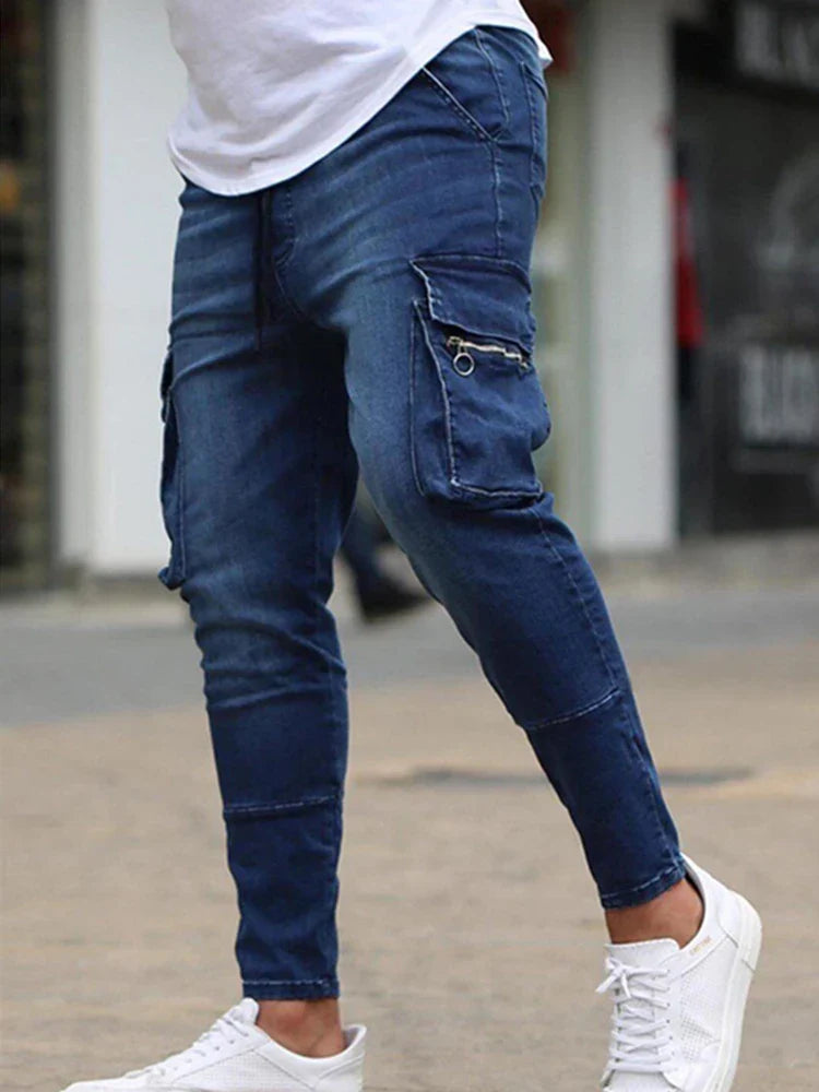 Jeans Men Denim Cargo Pants Wash Solid Color Multi Pockets Casual Mid Waist Trousers Street Elasti Slim Fit Daily Wear Joggers