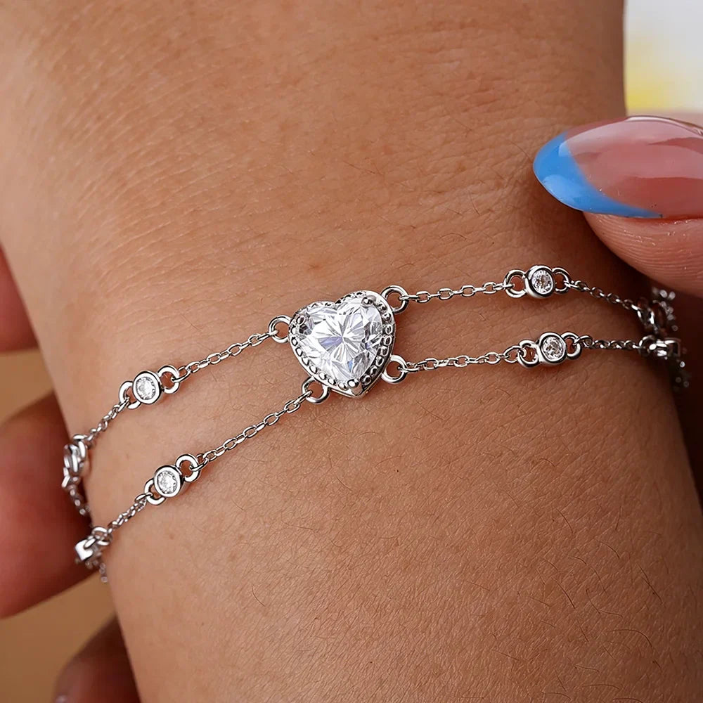 Certified 1.2carat Heart Moissanite Diamond Charm Bracelet with Round Bubble S925 Silver Wrist Chain for Women Fine Jewelry Gift