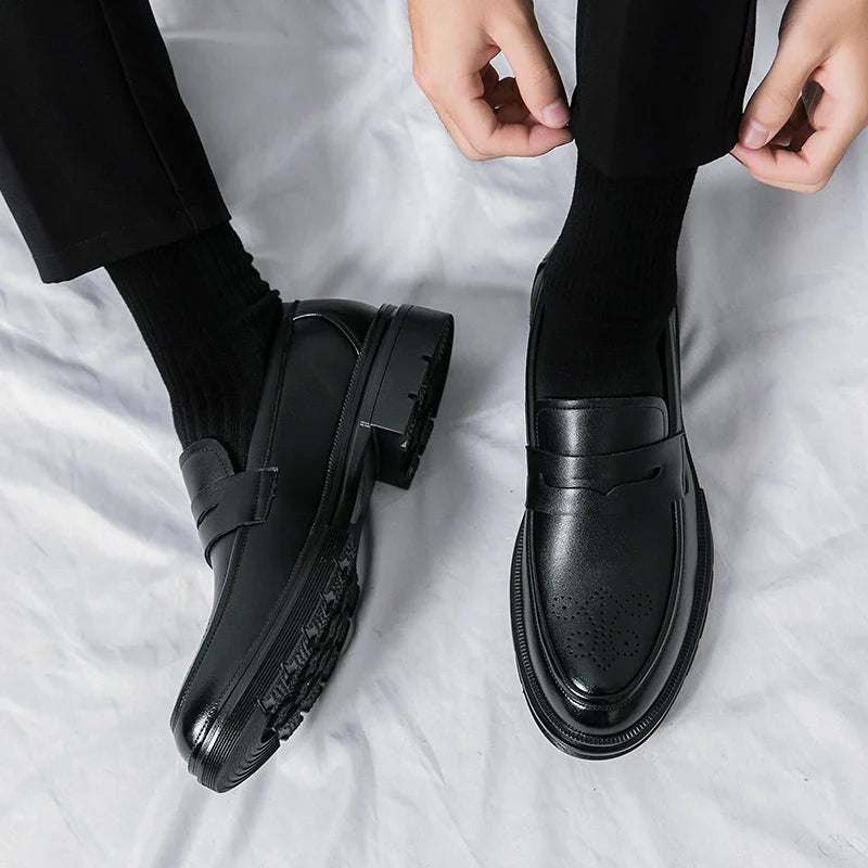 Spring Luxury Thick soled Casual Shoes Men's Black Penny loafers men Brown Business Office Dress Shoes for Mentênis masculino