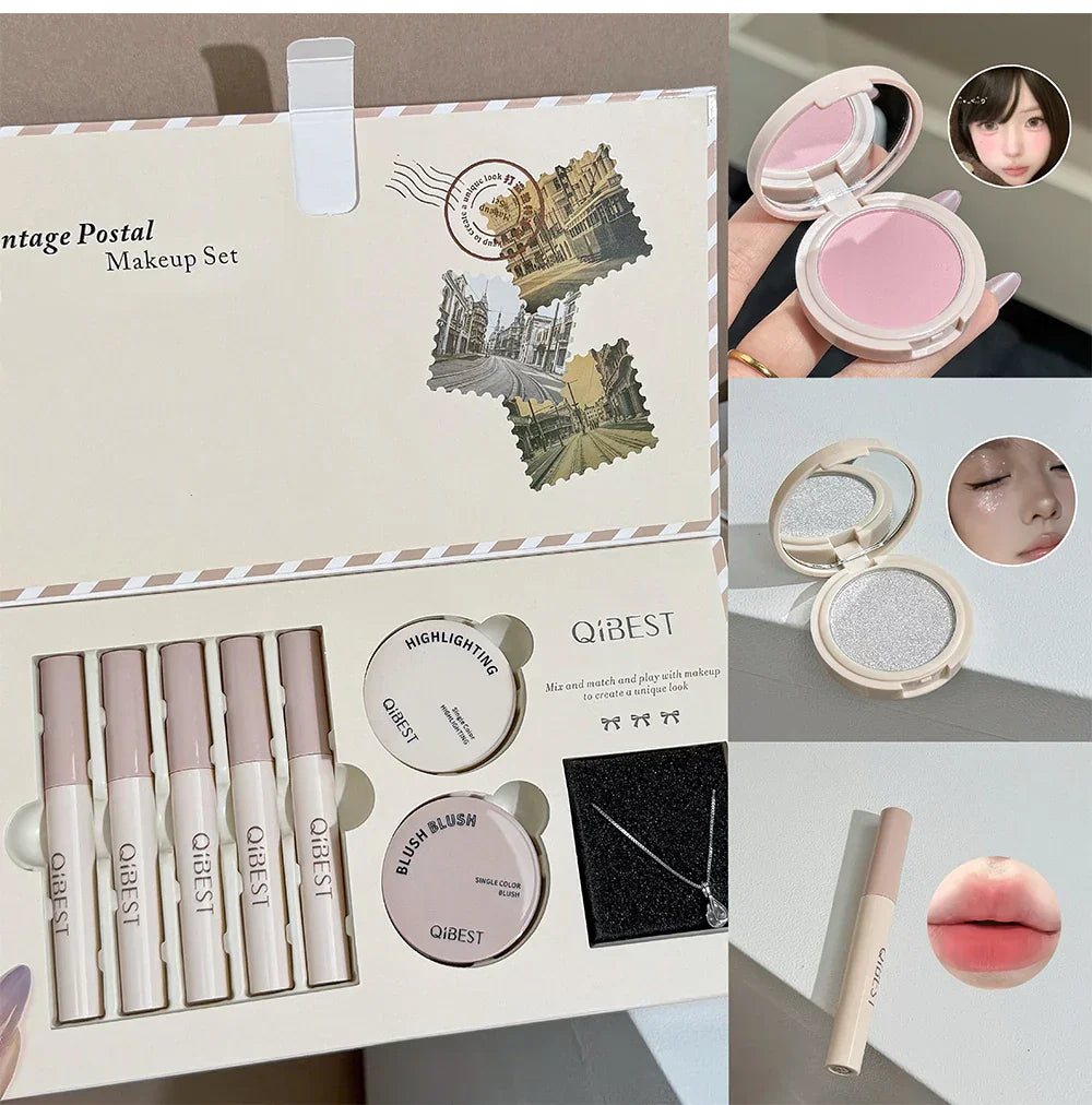 Retro Mail Makeup Set 5pc Matte Lip Mud,1 Blush,1 Highlight And 1 Necklace Gift Multipurpose Cosmetics Kits For Women