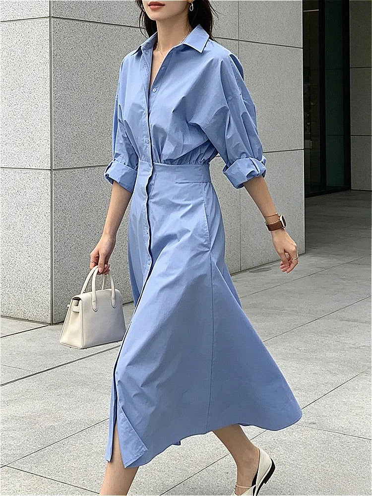Women Casual Long Shirts Dresses 2025 Summer Spring Clothes Khaki Puff Sleeves Botton Simple Maxi Dresses for Women