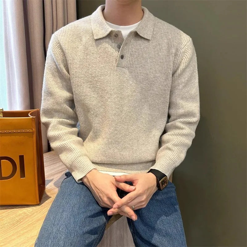 Mens Knit Sweater Autumn Winter Pullover Korean Soft Heavyweight Knit Polo Sweaters Minimalist Long Sleeve Solid Casual Top