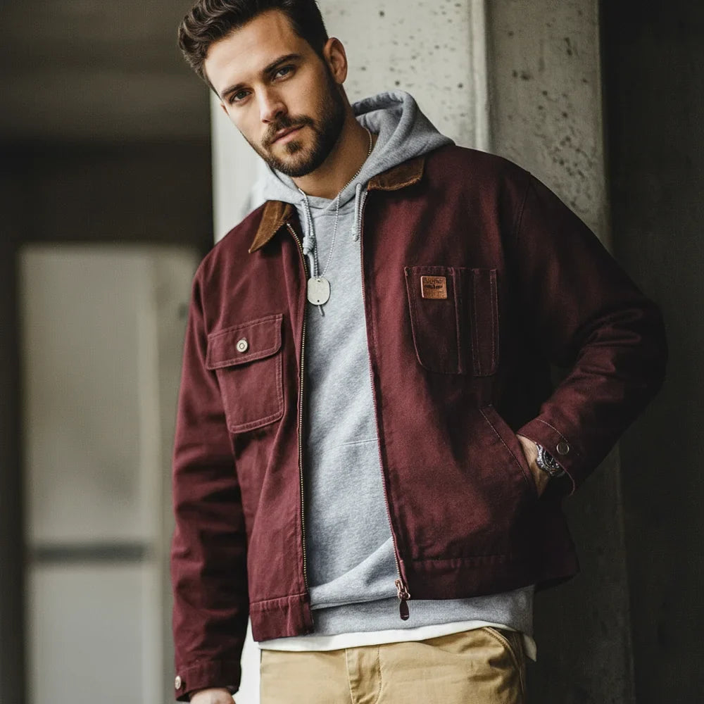 Retro Heavyweight Canvas Detroit Jacket Corduroy Collar Hunting Short Zip-Up Jacket with Pockets Men's Autumn Outerwear