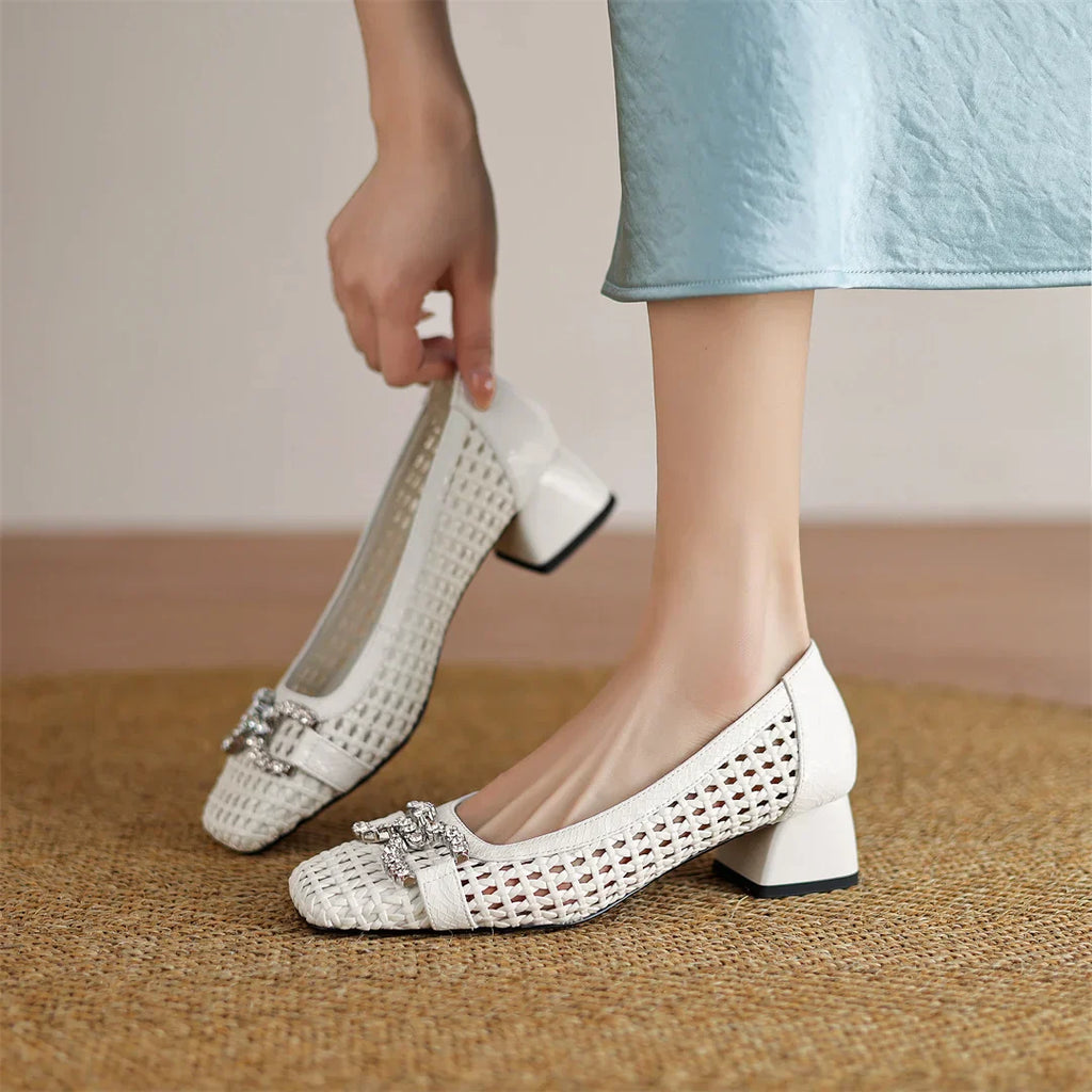 Women's genuine leather braided microfiber patchwork summer breathable pumps crystal buckle 4cm thick med heel daily dress shoes