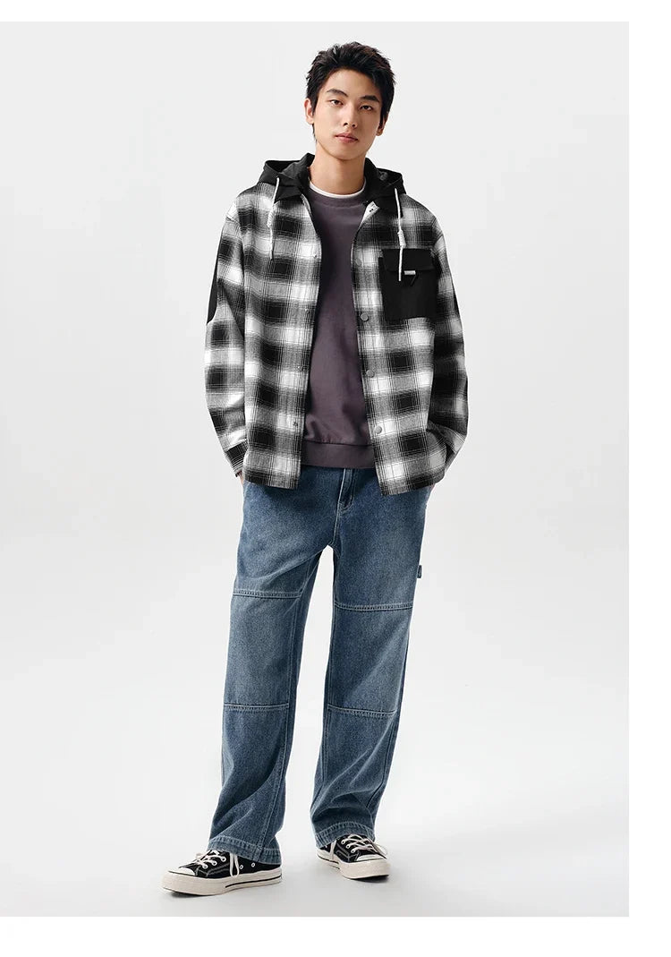 Outerwear Men 2024 Spring New Patchwork Contrast Color Checkered Top Detachable Hooded Fashionable