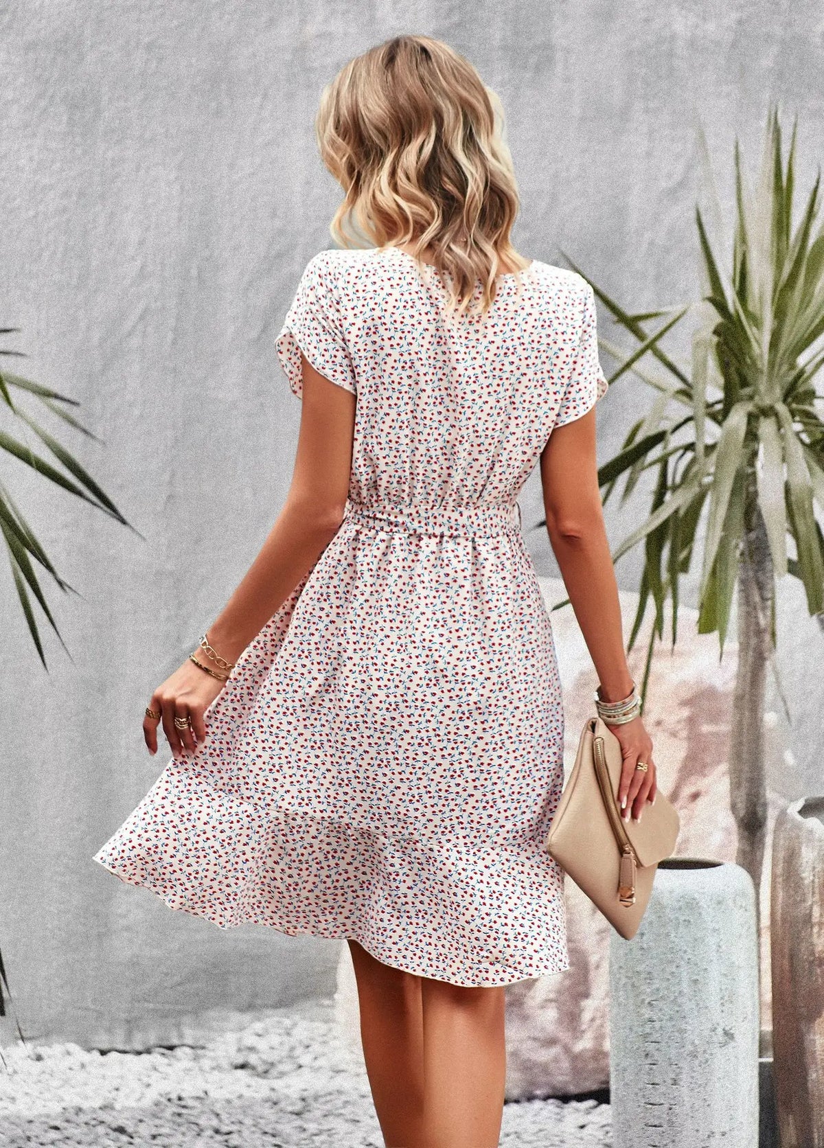 Summer O Neck Casual Printd Women Strap High Waist Pleated Floral Dress