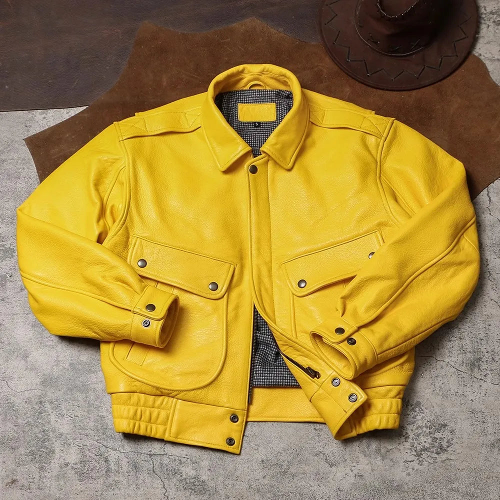 Spring Autumn Cool Handsome Short Yellow Soft Pu Leather Jacket Men Turn-down Collar Luxury Designer Clothes 2025
