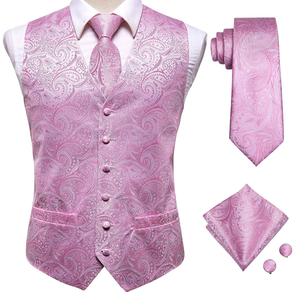 Wedding Coral Pink Mens Vest Silk Tie Set Adjustable Jacquard Waistcoat Jacket Necktie Hanky Cufflinks Formal Party Gifts