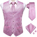 Wedding Coral Pink Mens Vest Silk Tie Set Adjustable Jacquard Waistcoat Jacket Necktie Hanky Cufflinks Formal Party Gifts