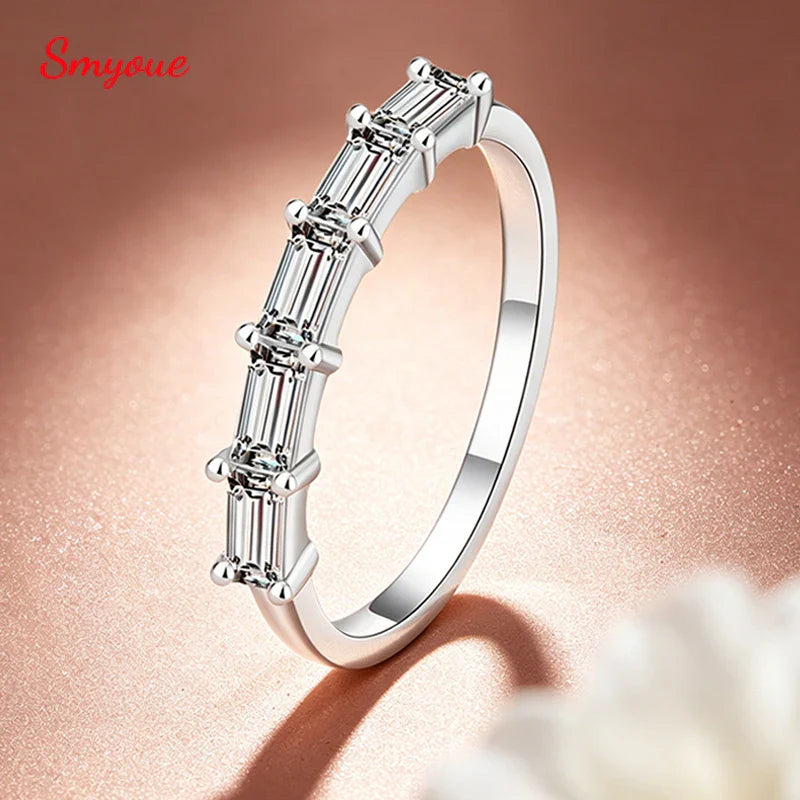 2*4mm Emerald Cut Moissanite Rings 5 Gems Female Wedding Bands for Women Match Diamond Real S925 Sterling Silver Jewelry