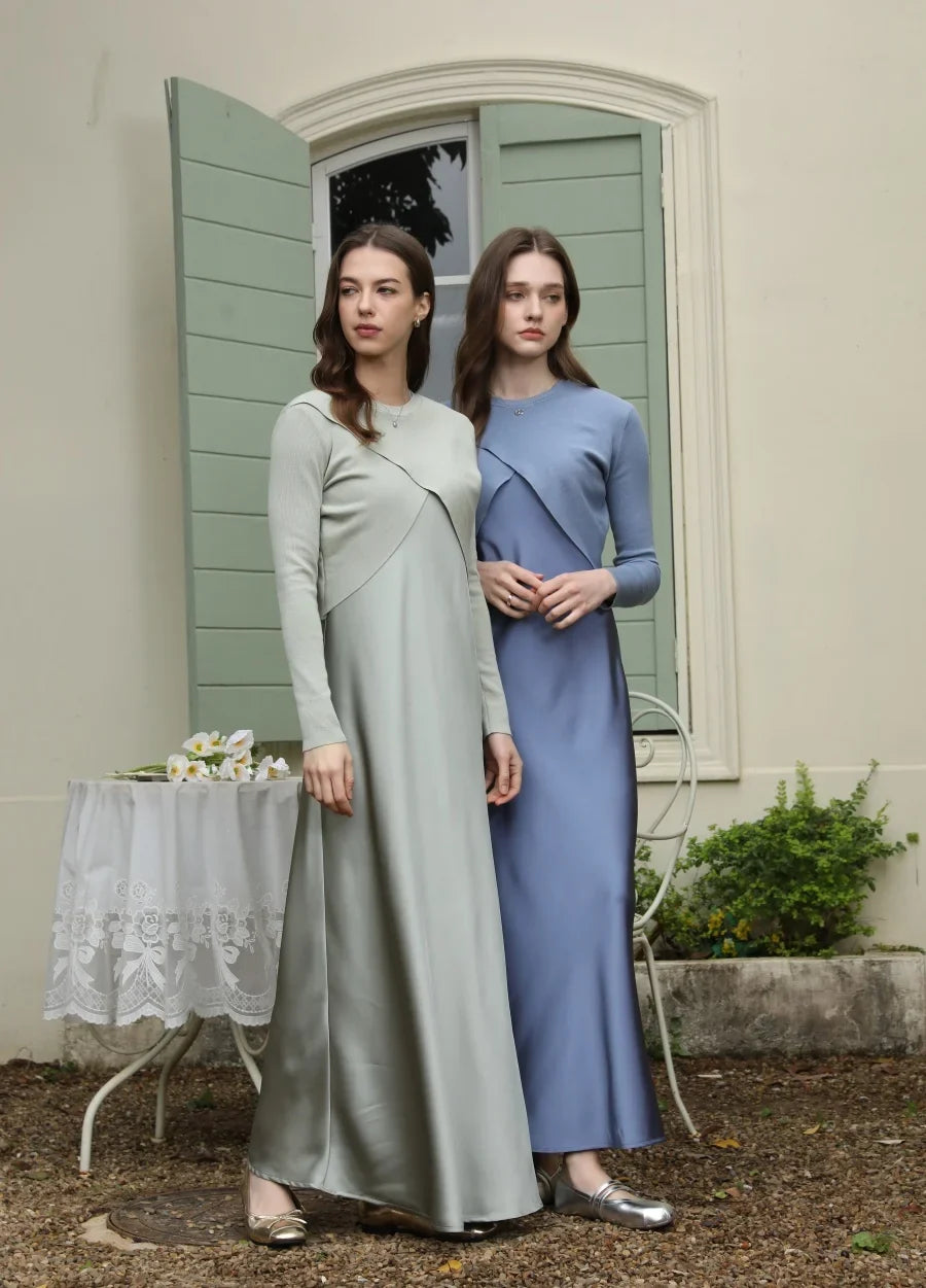 2025 spring summer elegance satin dress + knitted top match set maxi floor length woman clothes