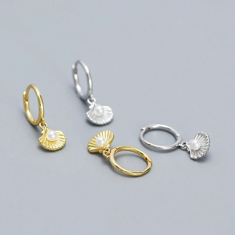 925 Sterling Silver Romantic Sea Shell Pendant Synthetic Pearl Drop Earrings for Women Trendy Beach Bohemian Part Jewelry