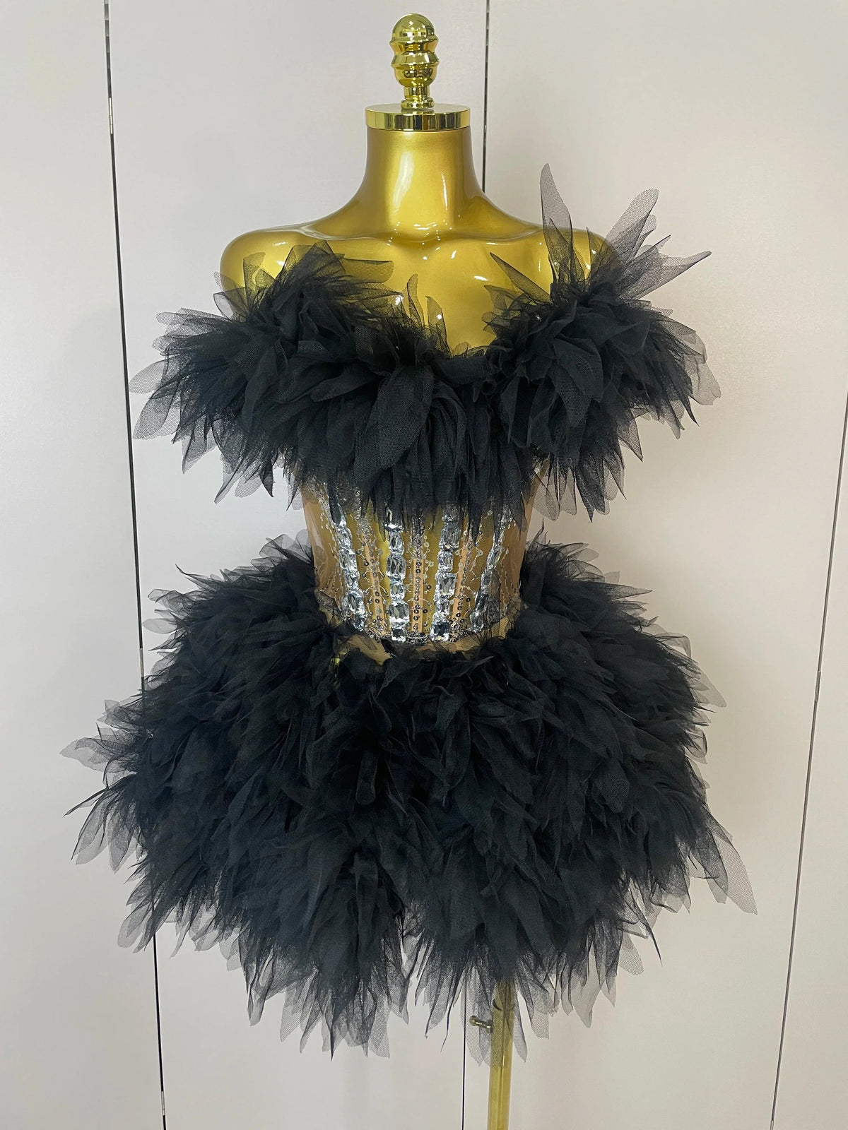 2025Women Sexy Backless Strap Mesh Fluffy Skirt 2 Pieces Diamond Sequins Stage Performance Costume Birthday Party Shooting Dress