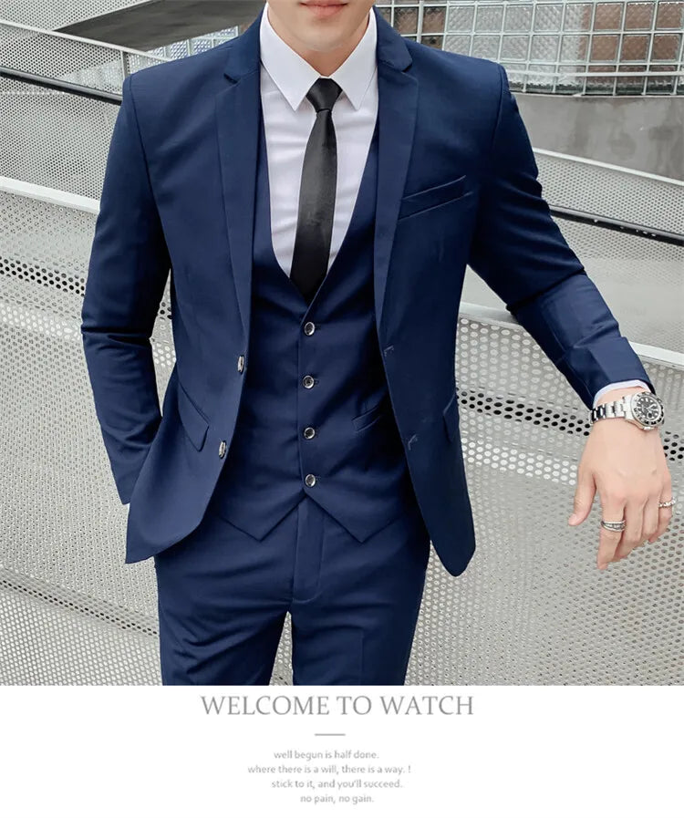 Solid Color Suit Men's Fashionable Gentleman Business Banquet Korean-style Formal Dress Casual Wedding (Blazer+Vest+Trousers)