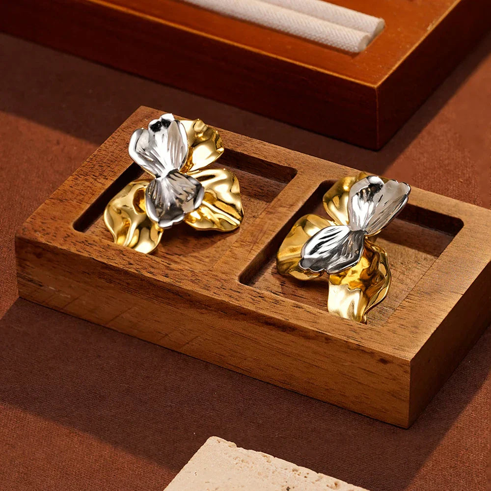 Two Tone Flower Stud Earrings For Women's Stainless steel 18K Gold Plated Fashion Dating E251745