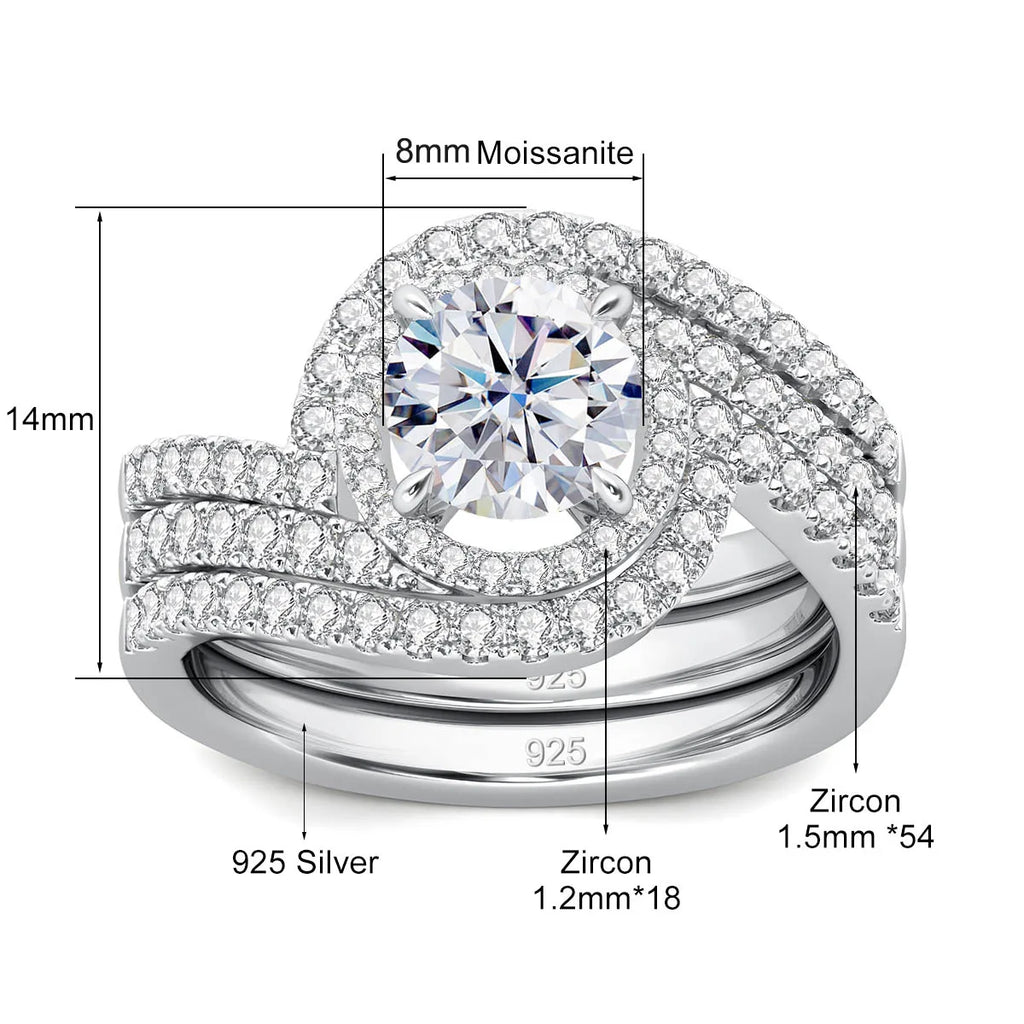 Luxury 3Pcs Set Full Moissanite Bridal Ring Set 925 Sterling Silver Engagement Ring for Women Wedding & Proposal Gift