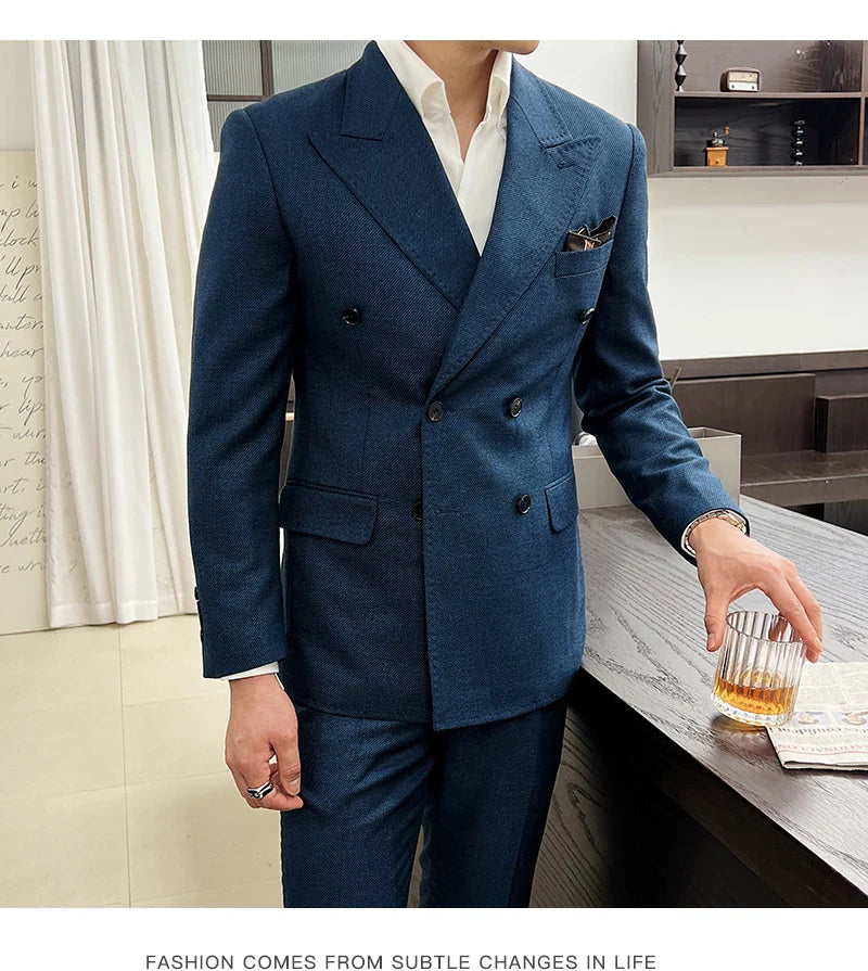 Men Vintage Luxury Double Breasted Slim Fit Lapel Evening Gown ltalian Style Fashion High-end Groom Wedding Party Tuxedo 2 Piece
