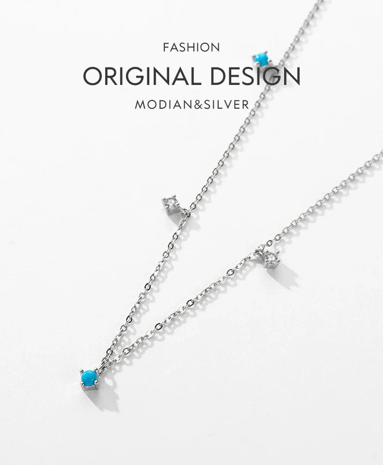 Real 925 Sterling Silver Fashion Stunning Turquoise Link Chain Charm Necklace For Women Daily Fine Jewelry