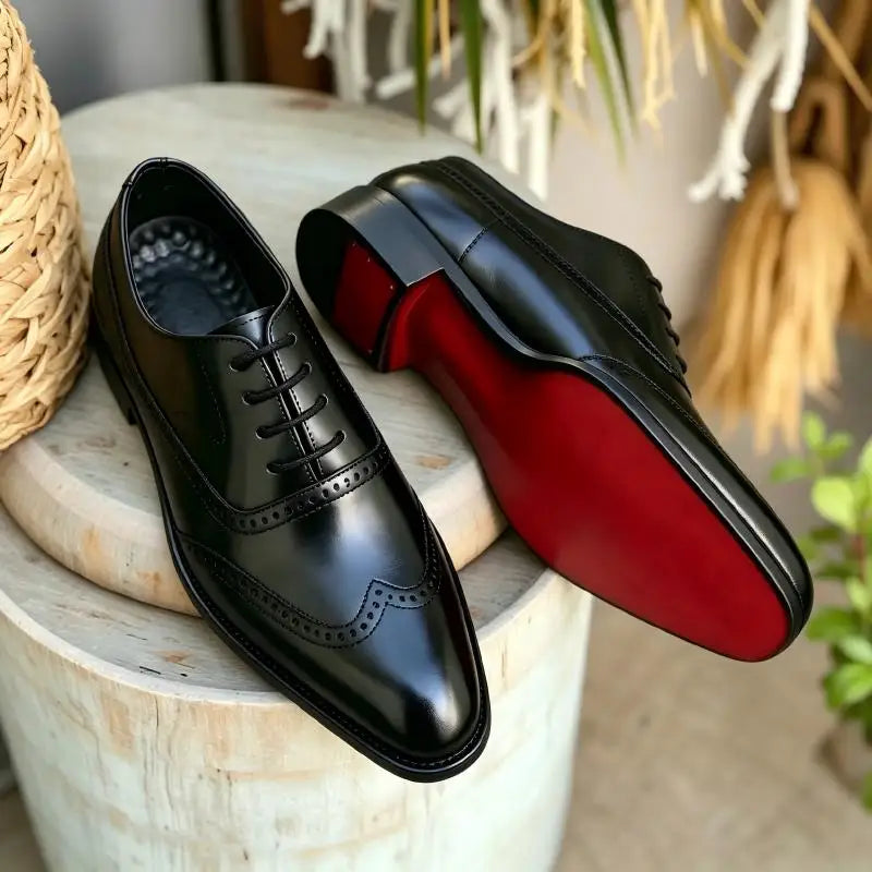 Men's Black Brogue Oxford Shoes Formal Dress Shoes for Business Wedding Red Sole Comfortable Lace-up Footwear