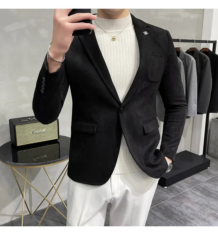 Plus Size 4XL-M Autumn Deerskin Velvet Jackets Blazer 6 Color Men Business Slim Blazers Hommes Casual Wedding Tuxedo Suit Coat