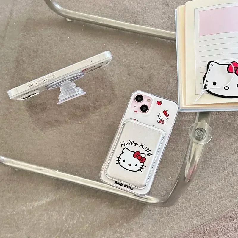 Cute Sanrio Hello Kitty Magnetic Card Wallet Holder Magsafe Wireless Charge Phone Case For iPhone 17 16 15 14 13 Pro Max Cover