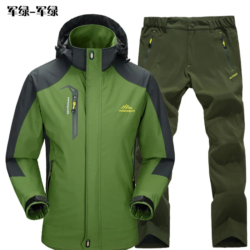 Outdoor Jacket Pants Sets Men Fleece Thermal Waterproof Windproof Hooded Jackets Hiking Military Trip Mountain Camping Clothes