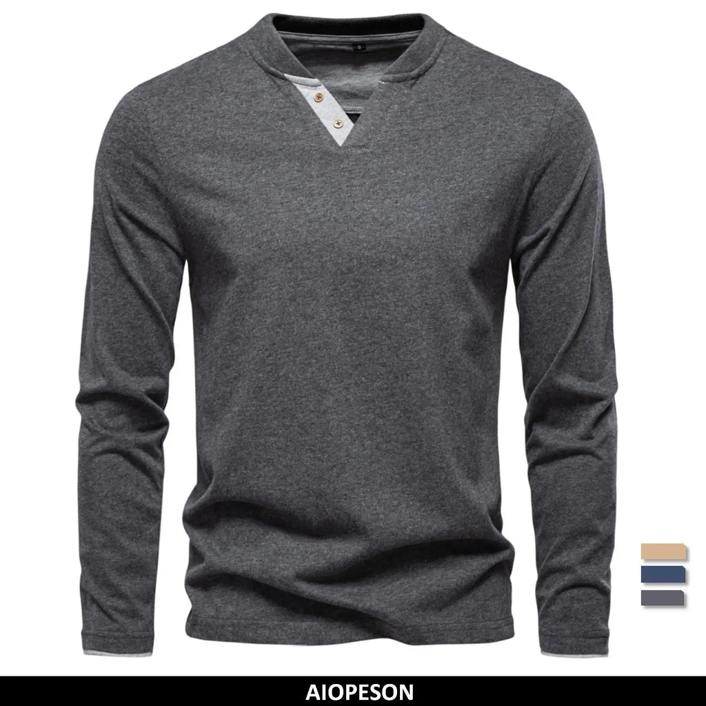 100% Cotton T-shirt Men Casual Solid Color Long Sleeve Sweater Autumn Fashion High Quality Henley Collar Mens T-shirts