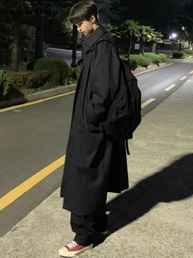 Spring Autumn Long Oversized Black Khaki Trench Coat Men Raglan Sleeve Single Breasted Loose Casual Korean Fashion