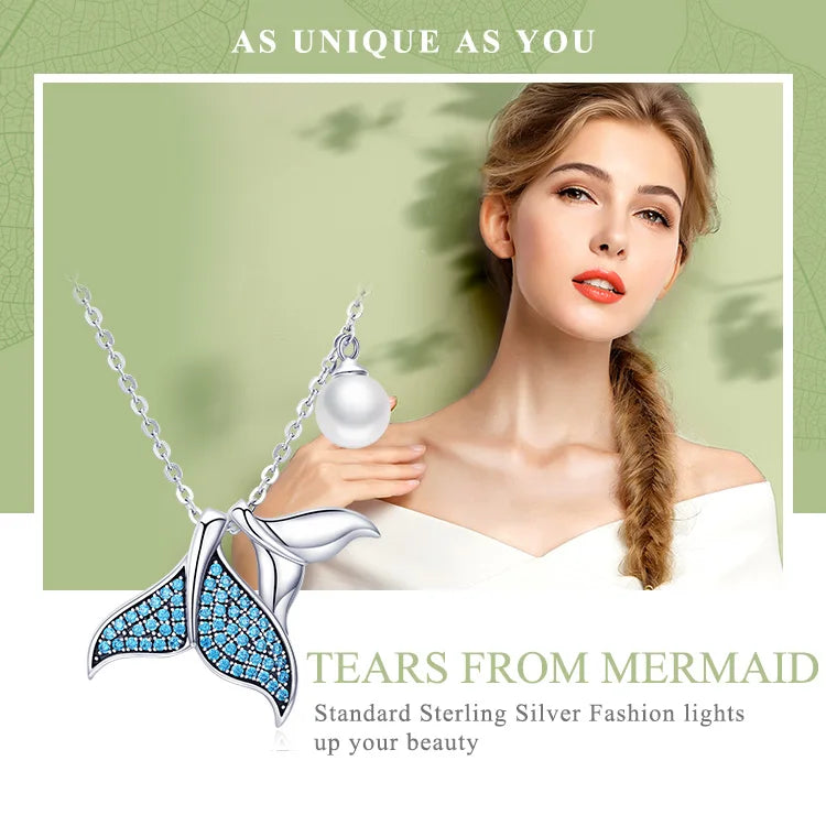 925 Sterling Silver Blue Mermaid Tail Pendant Necklace Quality Shell Pearl Bead Women Fine Jewelry Wedding Gift 17.32''
