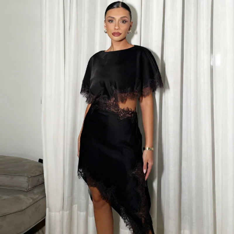 Cut Out Black Dress Woman Asymmetrical Lace Midi Dress Cape Sleeve Elegant Party Dresses Women Sexy Luxury Cocktail Dress