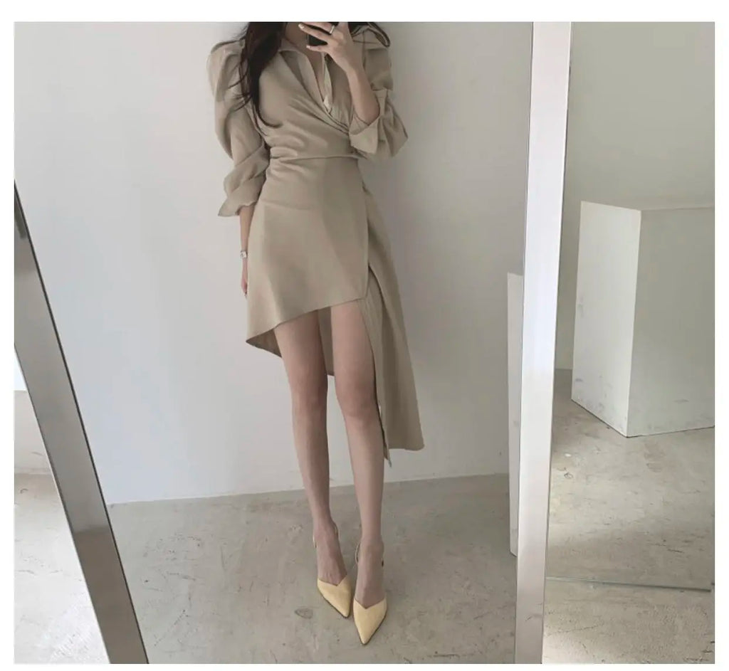 Early Autumn Shirt Dress Women's Mid-Length Asymmetrical Single-Button Notch Collar Slimming Style Commute Fashion