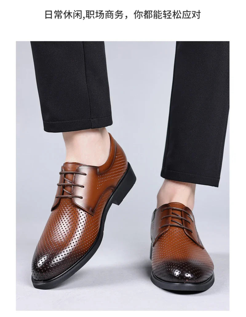Mens Black Genuine Leather Perforated Metal Decor Lace Up Formal Business Office Breathable Summer Shoes Hollow Stylish Simple