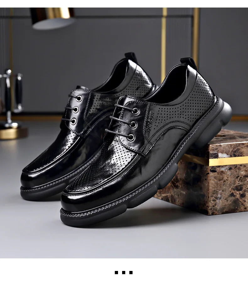 Summer Hallow Cow Leather Shoes for Men Fashion Casual Black New Designer Dress Shoes Male Lace Breathable Platform Shoes Man