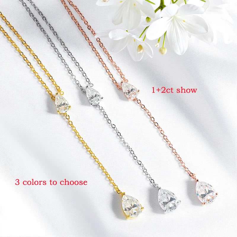 18k Plated Pear Cut All Moissanite Necklace Pendant 2 Gems Luxury Water Drop Jewelry Women Girls Real 925 Sterling Silver