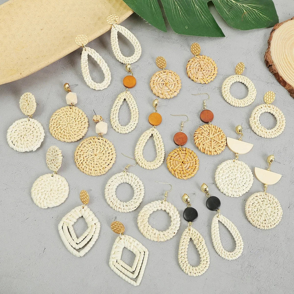 Personality Bamboo Rattan Hand-woven Geometry Drop Dangle Earrings for Women Temperament Summer Beach Stud Jewelry Holiday Gift