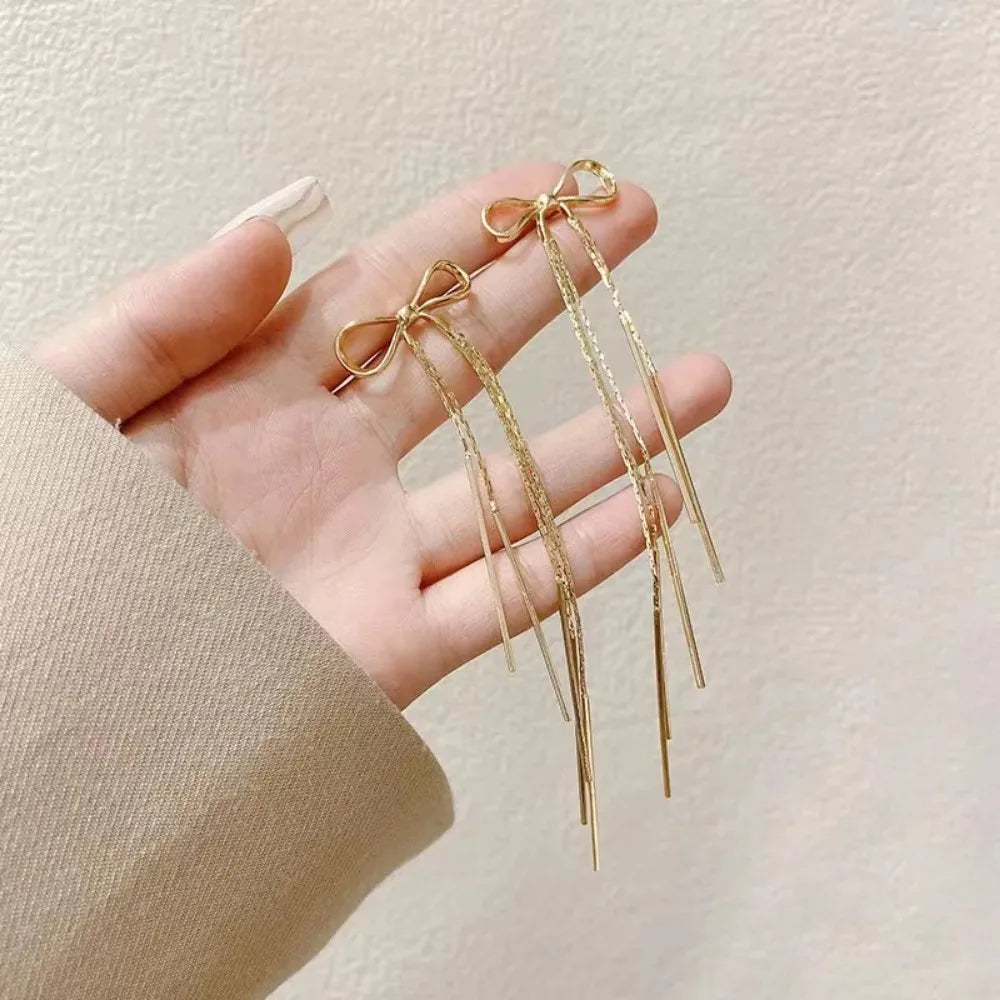 Exquisite Silver Color Ribbon Long Tassel Bowknot Drop Dangle Earrings for Women Charm Stainless Steel Party Jewelry Accessories