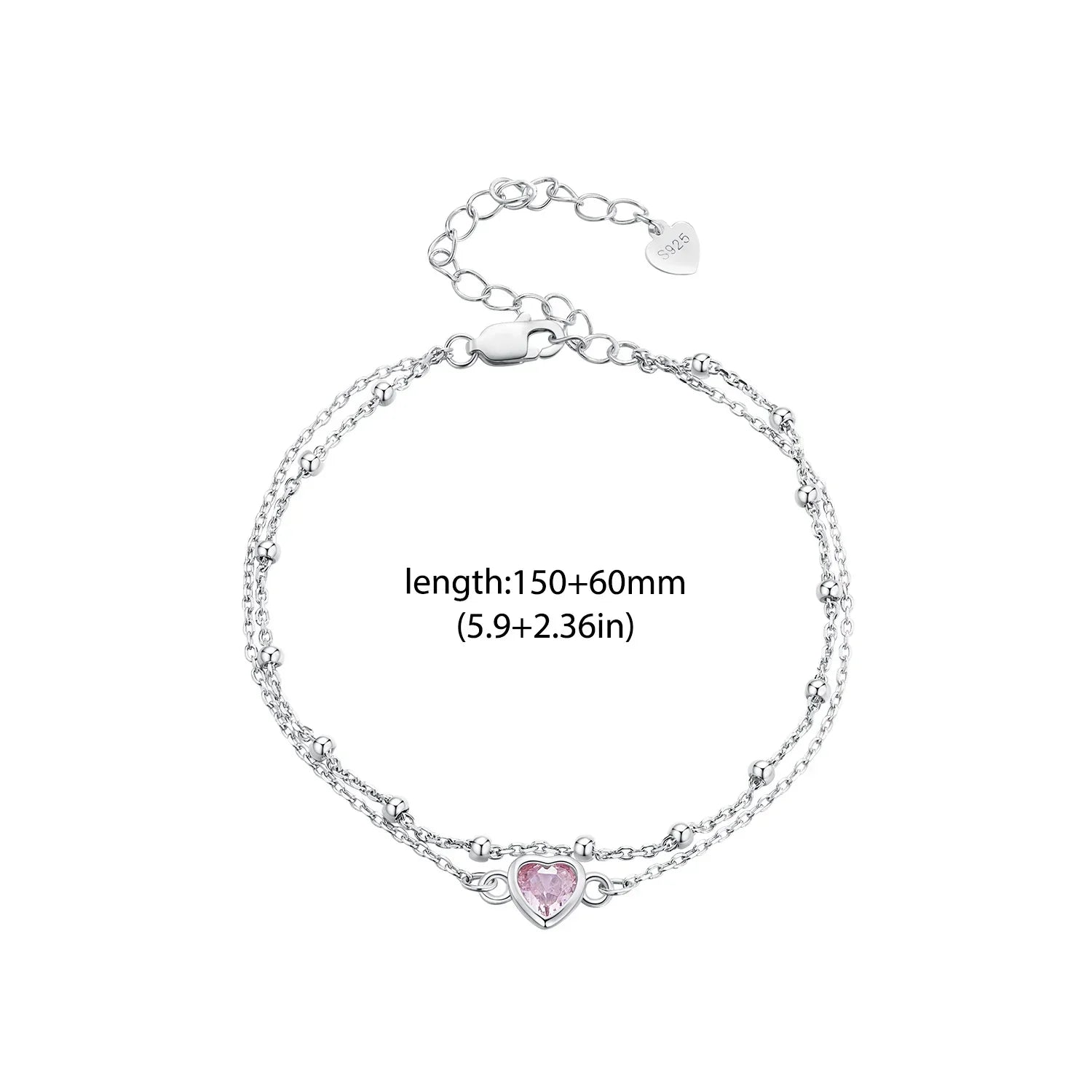 925 Sterling Silver Double Layer Bracelet Pink Heart Adjustable Round Beads Chain Link for Women Valentine's Day Gift