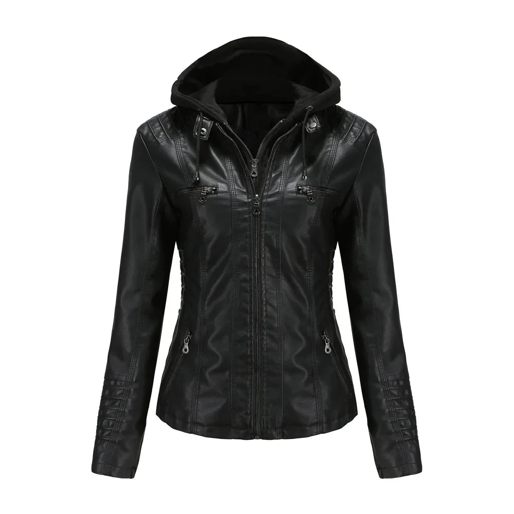 Women’s hooded jacket coat set, detachable design, faux leather, spring autumn, regular fit, L–XXL