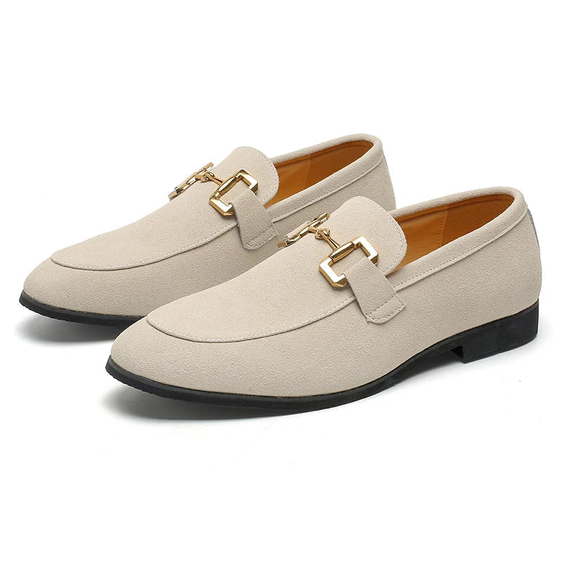 Fashion Brand Men Suede Leather Shoes Black Beige Horsebit Loafers Slip on Formal Mens Dress Shoes Wedding Office Casual Shoes