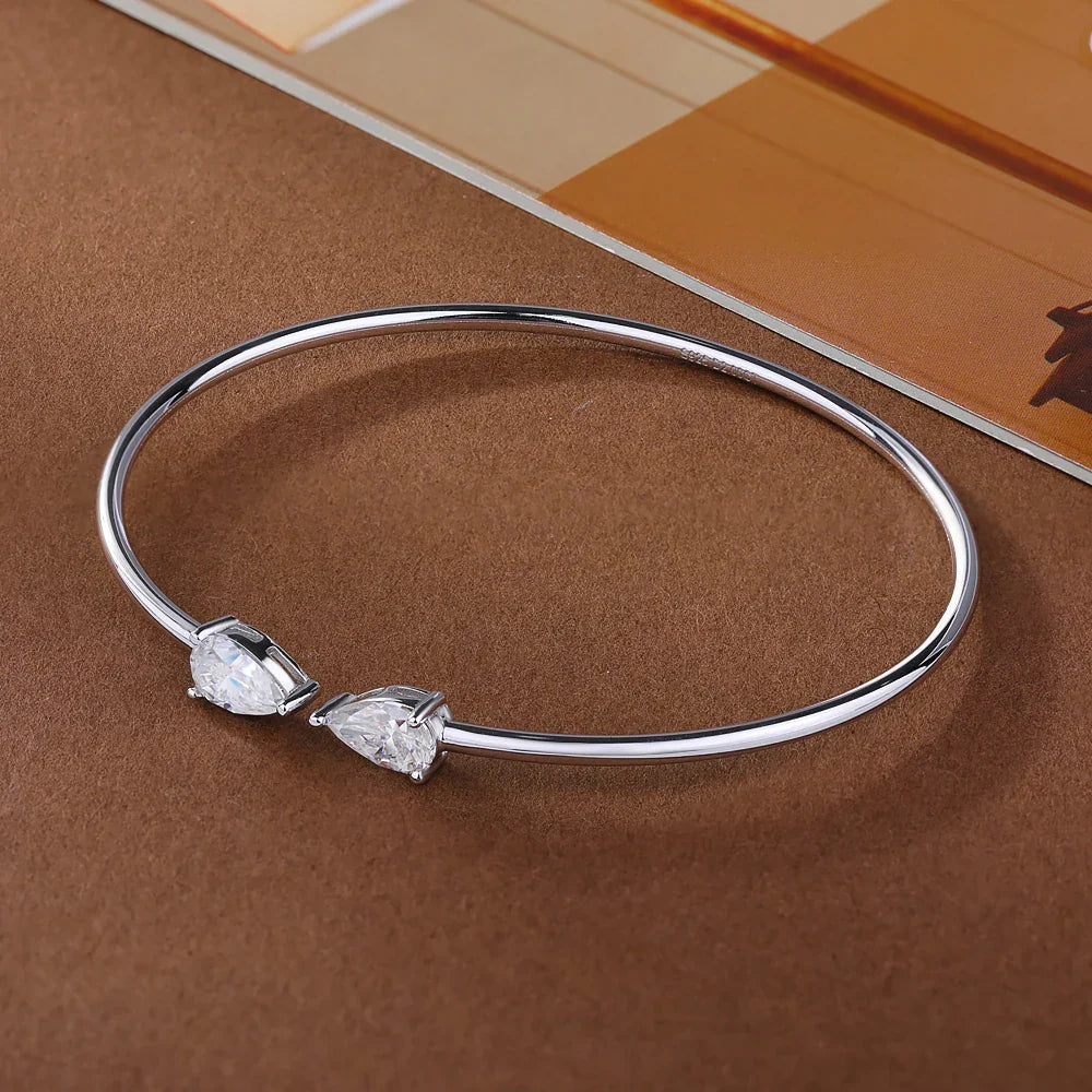 2-Stone Waterdrop Shape Moissanite Bangles For Women 100% S925 Silver 2cttw Pear Cut Diamond Open Cuff Bracelet With Certificate