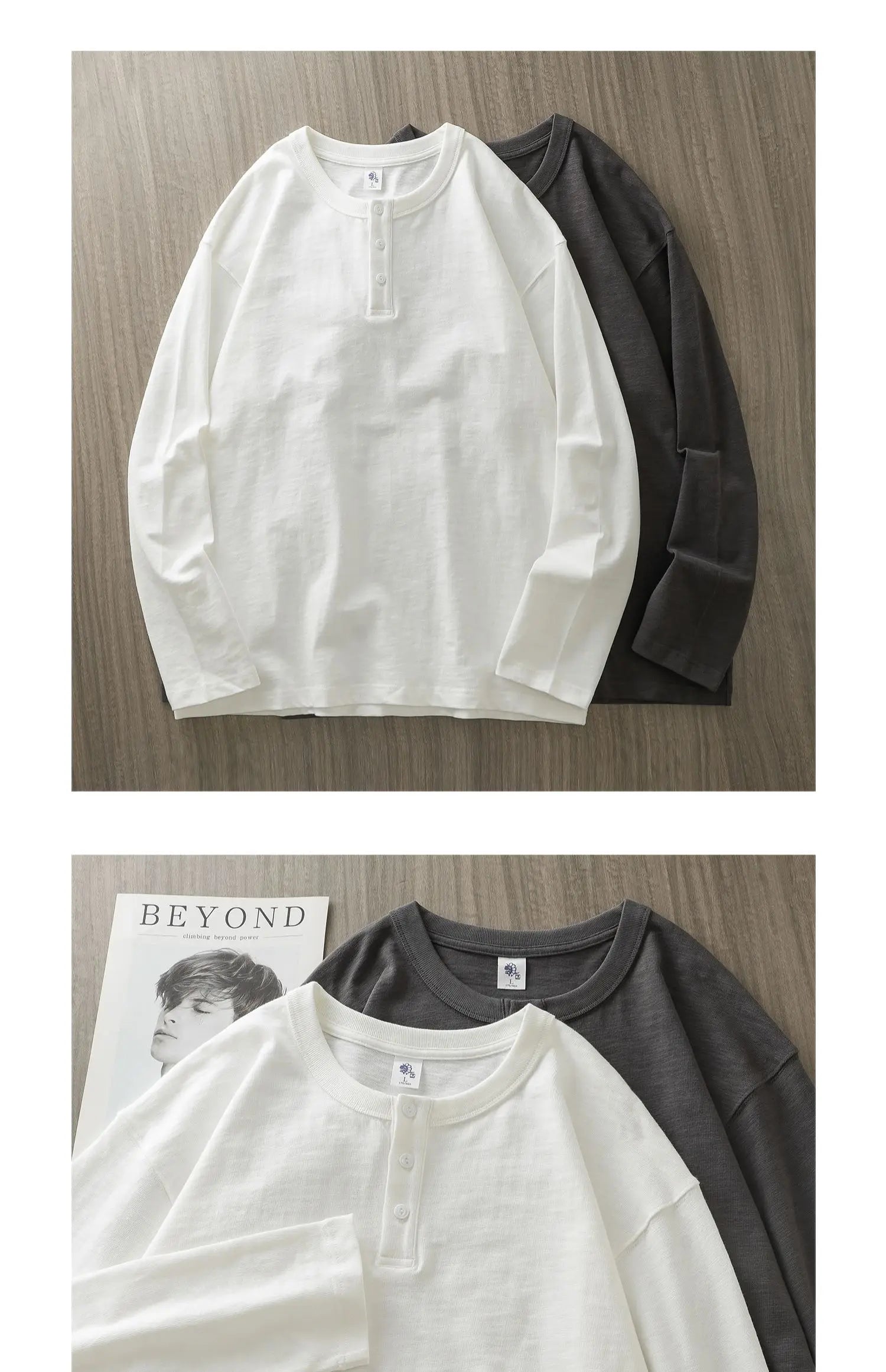 320G Heavyweight 100% Cotton Henley Neck T Shirt for Men Long-Sleeved Spring Autumn Casual Tops Solid Color Undershirts