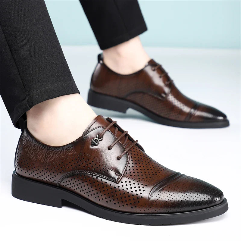 Men's Summer Breathable Leather Shoes Hollow out Fashionable Slip-On Comfortable Anti-Slip Soft Bottom Derby Shoes-SJ2501-1