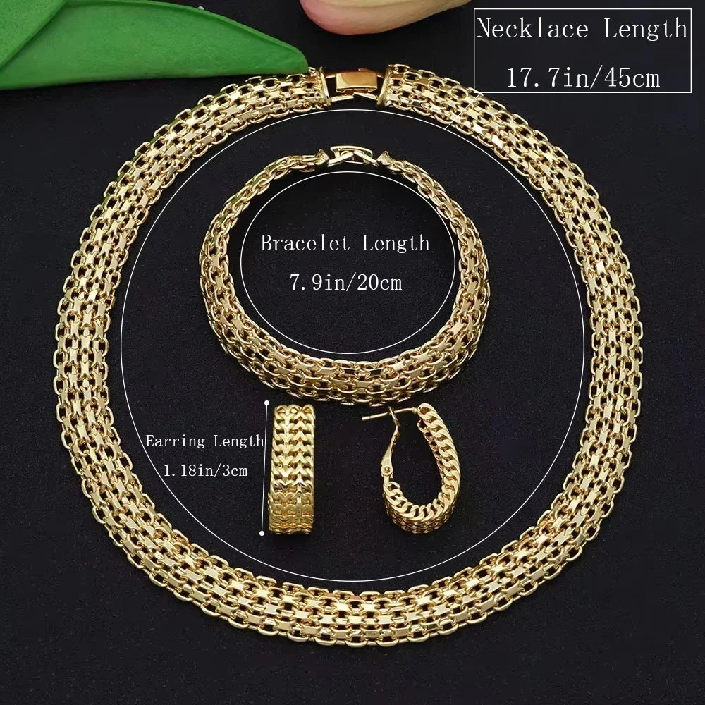 Dubai Luxury Handmade Women Jewelry Set 18k Gold-Plated Chain Necklace Bracelet Stud Earring Full Set Party Wedding Bijoux