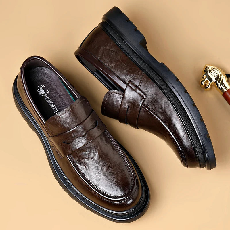 Thick Bottom Leather Shoes Handmade Loafers for Men High Quality Dress Shoes Male Social Masculino Business Botas Para Hombre