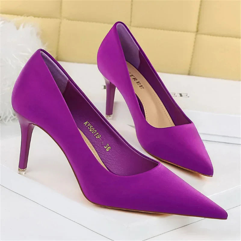 Women 7.5cm 10.5cm High Heels Scarpins Silk Satin Pumps Lady Quality Green Purple Fetish Wedding Bridal Mid Low Heels Prom Shoes