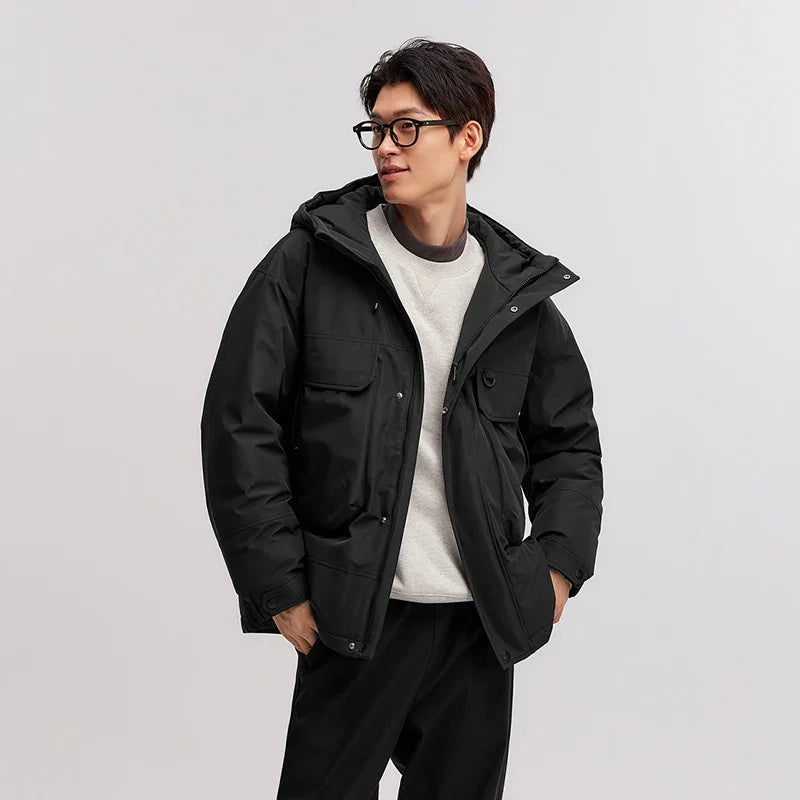 Down Jacket Men Windproof Waterproof Oil Stain Resistant 2025 Winter New Loose Hooded Workwear Thick Coat