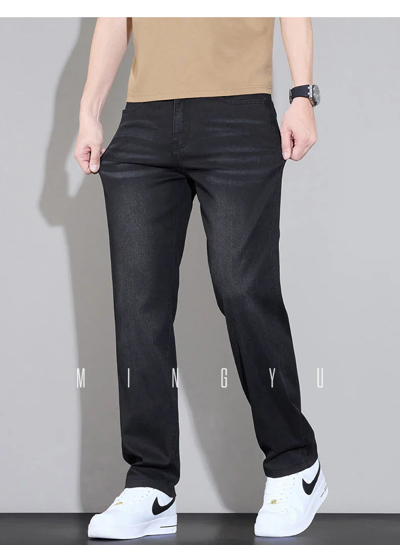 Spring Summer Brand Clothing Lyocell Fabric Men's Jeans Classic Business Straight Denim Pants Work Trousers Male Plus Size 29-40